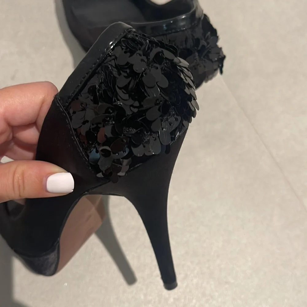 Bershka women size 36 satin black and sequin heels open toe shoes platform Y2K